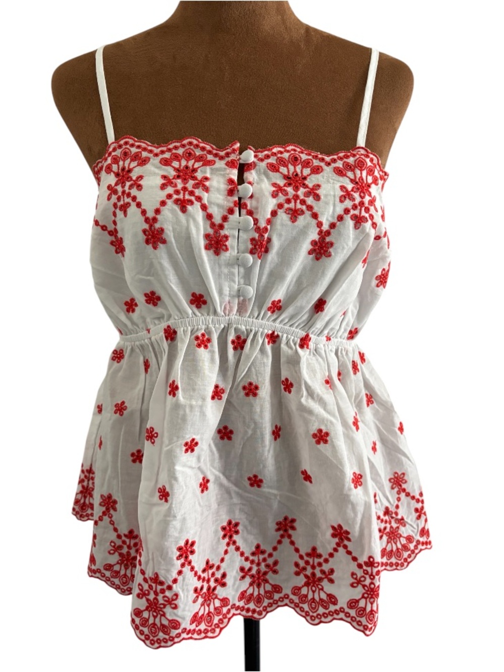 NWT Draper James White Red Embroidered Eyelet Boho Peplum Cami Top Medium
